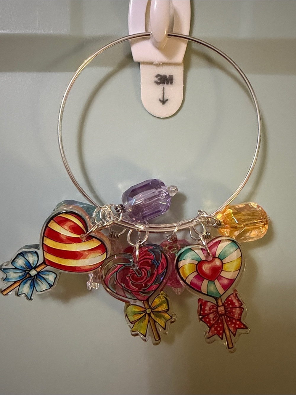 Silver Hoop Bracelet with Colorful Candy Heart Charms